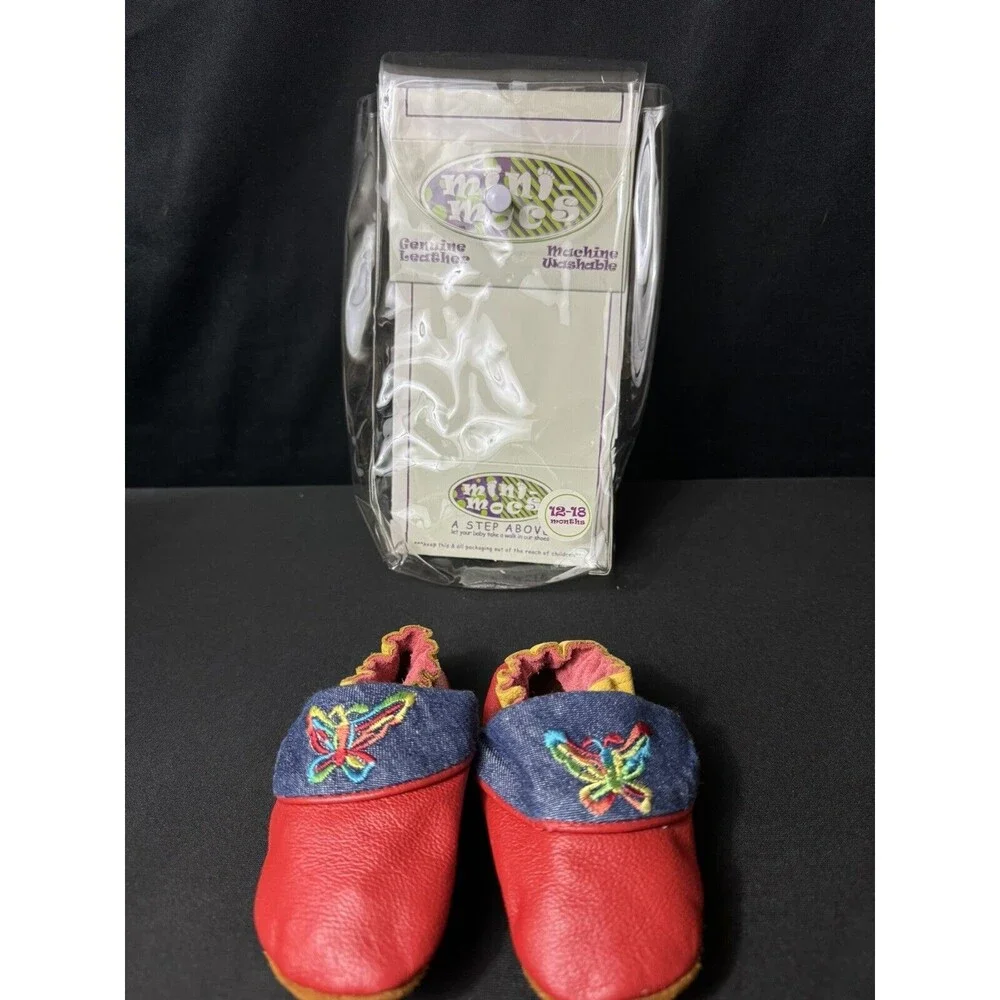 Mini-Mocs Infant Moccasin Shoes 12-18 Months Y2K Butterfly Leather Red + Denim